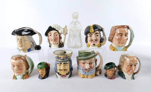 Large Lot of Character Jugs: Large Lot of Character Jugs. Including Genuine Legend Germany Hand Painted Jugs - Jock and Robin Hood - Some paint loss and minor chipping, Presidents (2 x Ben Franklin, 2 x Thomas Jefferson) - Unsign