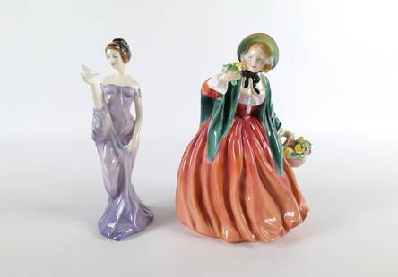 Lot of 2 Royal Doulton Lady Figurines: Lot of 2 Royal Doulton Lady Figurines. Including Harmony HN 2824 and Lady Charmain HN 1949 - Chipping on Flowers. Largest measures 8.25" tall. All invoices must be paid within 24 hours of the sale. We