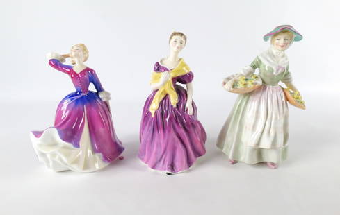 Lot of 3 Royal Doulton Lady Figurines: Lot of 3 Royal Doulton Lady Figurines. Including Melissa HN 2467, Adrienne HN 2152, and Daffy Down Dilly HN 1712. Largest measures 8" tall. All invoices must be paid within 24 hours of the sale. We of