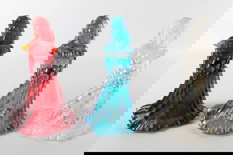 Lot of 3 Fenton Bridesmaid Figurines: Lot of 3 Fenton Bridesmaid Figurines. Including Hand Painted Iridescent Clear - Artist Signed, Hand Painted Teal Carnival Glass - Artist Signed, and Ruby Glass. Measures 6.75" tall. All invoices must