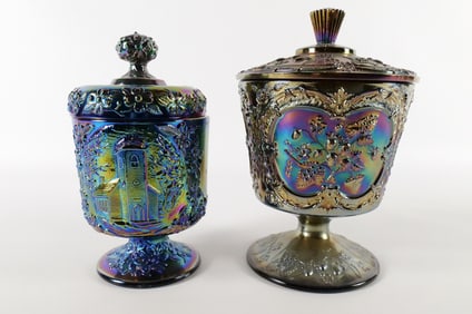 Lot of 2 Fenton Carnival Glass Candy Jars with Lids