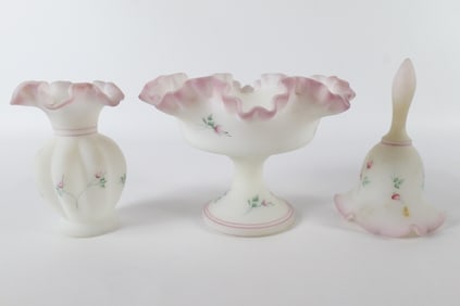 Lot of 3 Fenton Satin Glass Rose Garden Items