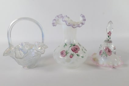 Lot of 3 Hand Painted Fenton Iridescent Ruffled Edge Items