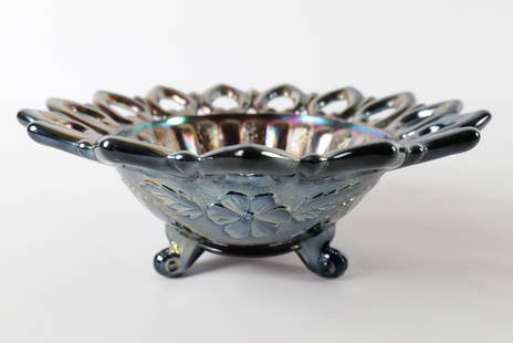 Northwood Amethyst Carnival Glass Footed Bowl: Northwood Amethyst Carnival Glass Footed Bowl. Open Edge. Wild Rose Pattern. Measures 3" tall x 7.5" wide. All invoices must be paid within 24 hours of the sale. We offer multiple shipping options ple
