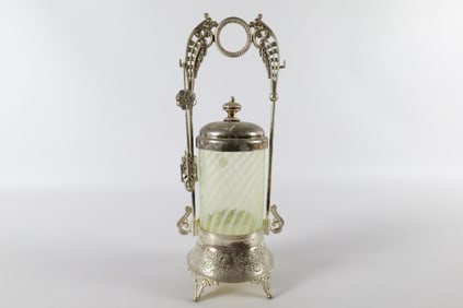 Victorian Silver Plate Pickle Castor with Fenton Vaseline Opalescent Jar