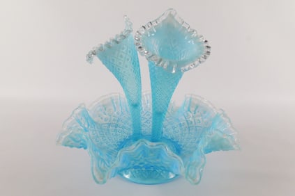 Fenton Blue Opalescent 3 Horn Diamond Lace Epergne