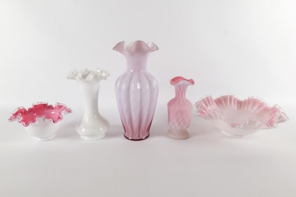 Lot of Fenton Pink and White Glass Vases and Bowls