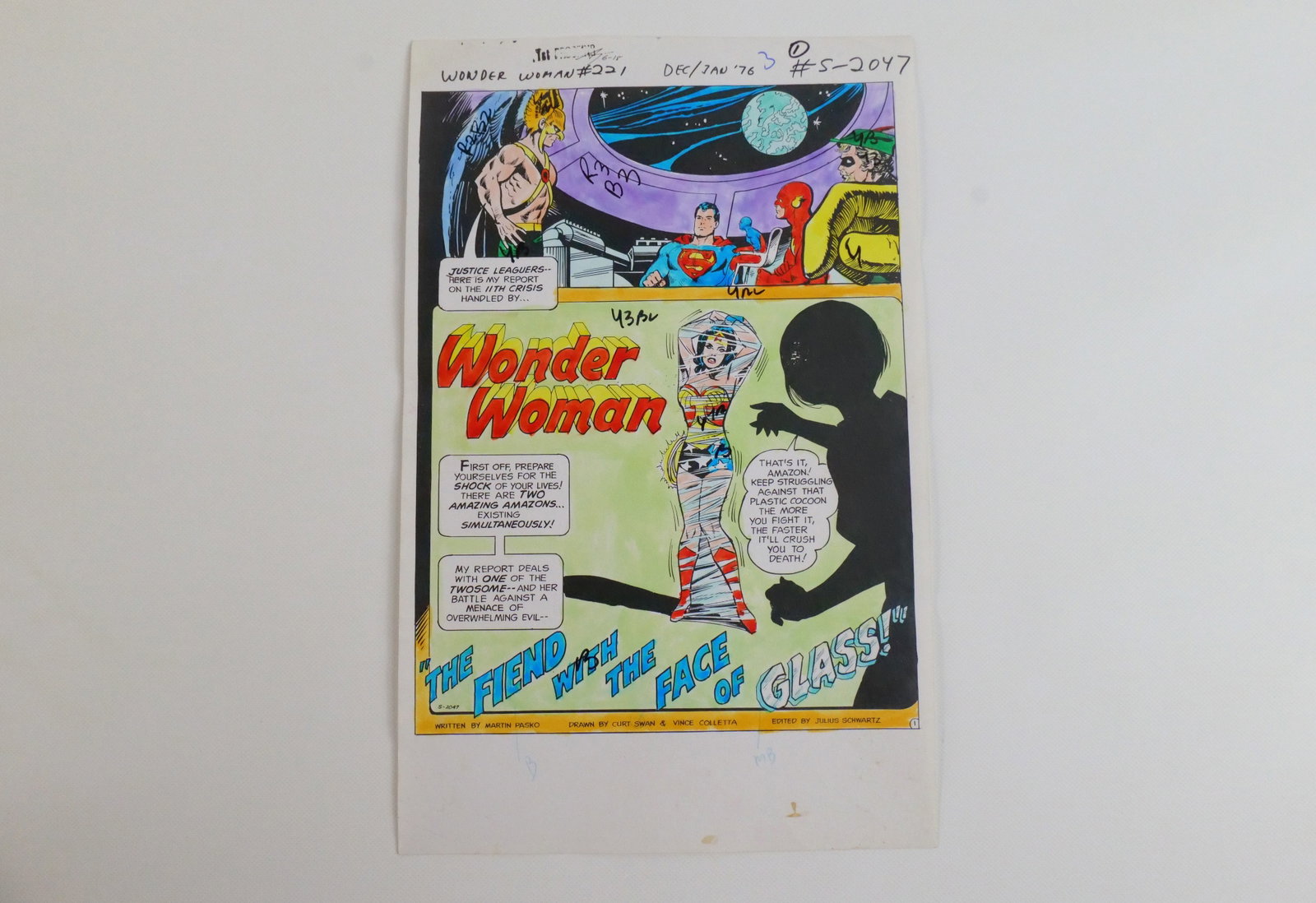 Wonder Woman #221 Original Comic Art: Wonder Woman #221 Original comic art. Wonder Woman #221 Original comic art color guide, Dec/Jan 1976 pg. 1 noted with color codes for the printer. Measures 10'' tall by 6.5'' wide. This striking color