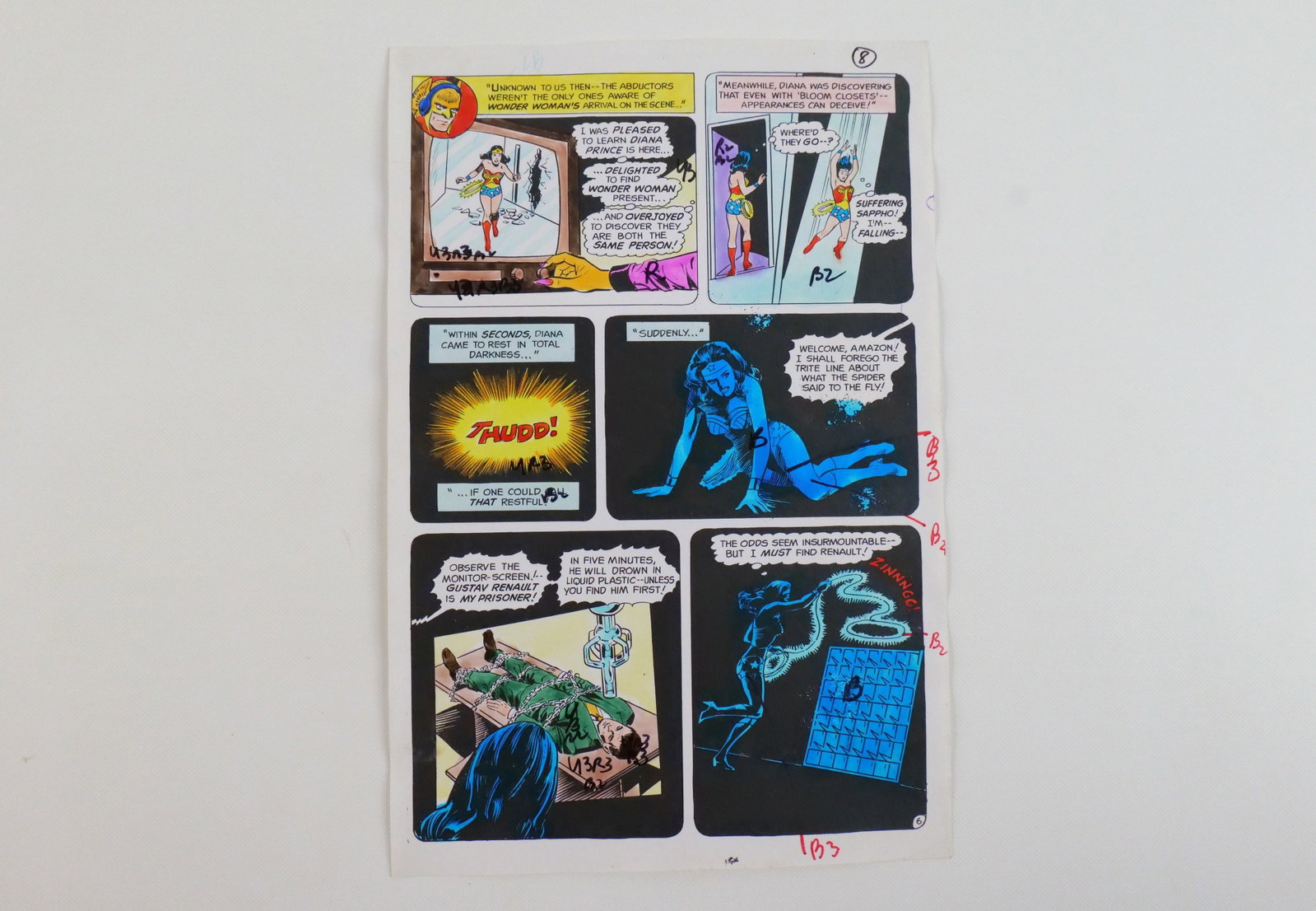 Wonder Woman #221 Original Comic Art: Wonder Woman #221 Original Comic Art. Wonder Woman #221 Original comic art color guide, Dec/Jan 1976 pg. 8 noted with color codes for the printer. Measures 10'' tall by 6.5'' wide. This striking color