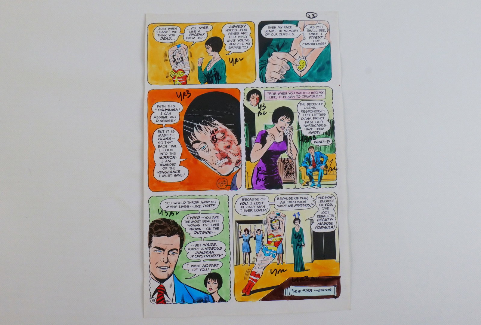 Wonder Woman #221 Original Comic Art: Wonder Woman #221 Original Comic Art. Wonder Woman #221 Original comic art color guide, Dec/Jan 1976 pg. 23 noted with color codes for the printer. Measures 10'' tall by 6.5'' wide. This striking colo