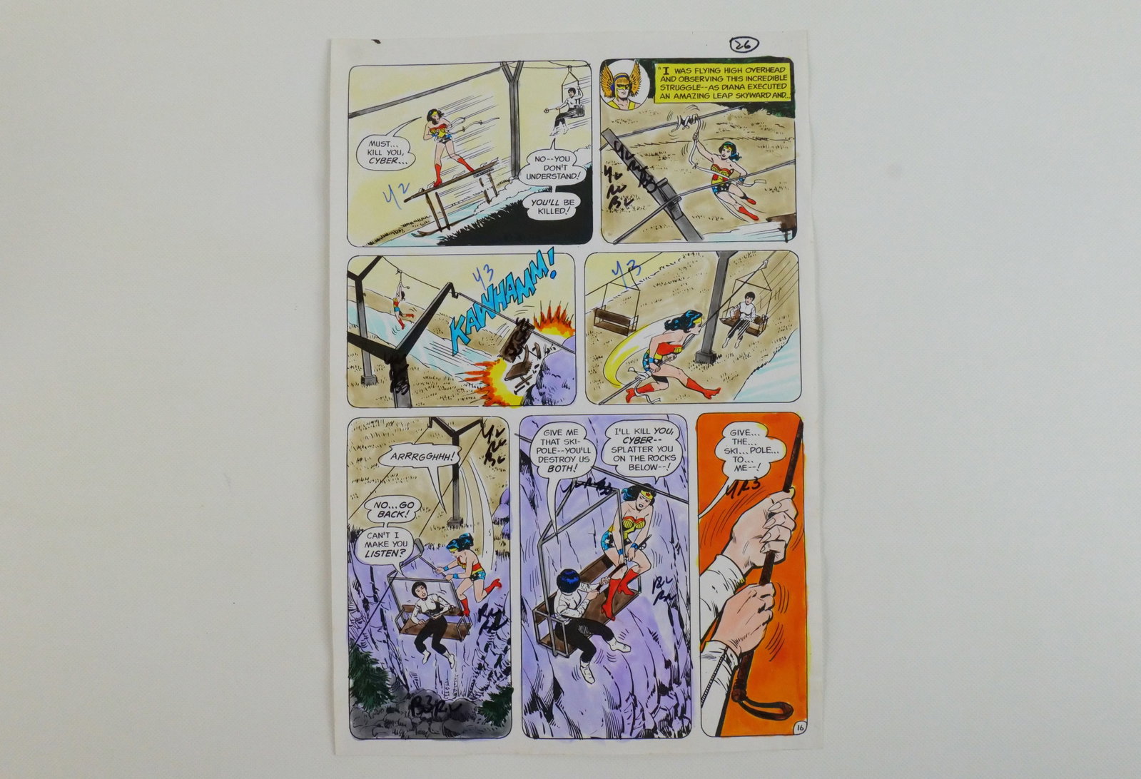 Wonder Woman #221 Original Comic Art: Wonder Woman #221 Original Comic Art. Wonder Woman #221 Original comic art color guide, Dec/Jan 1976 pg. 26 noted with color codes for the printer. Measures 10'' tall by 6.5'' wide. This striking colo