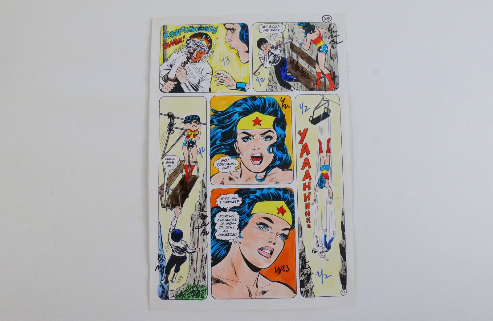 Wonder Woman #221 Original Comic Art: Wonder Woman #221 Original Comic Art. Wonder Woman #221 Original comic art color guide, Dec/Jan 1976 pg. 29 noted with color codes for the printer. Measures 10'' tall by 6.5'' wide. This striking colo