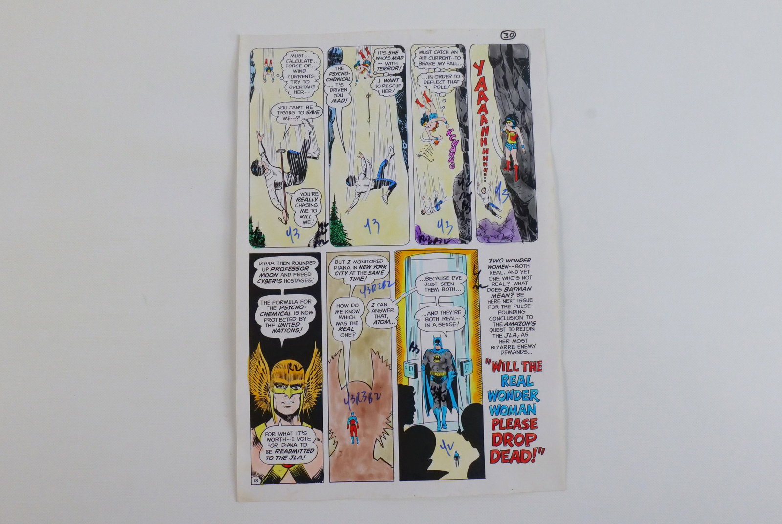 Wonder Woman #221 Original Comic Art: Wonder Woman #221 Original Comic Art. Wonder Woman #221 Original comic art color guide, Dec/Jan 1976 pg. 30 noted with color codes for the printer. Measures 10'' tall by 6.5'' wide. This striking colo