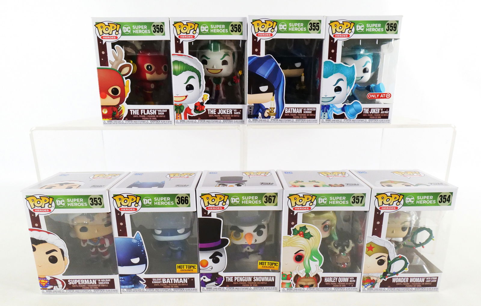 Lot of 9 Funko DC Holiday Pops: Lot of 9 Funko DC Holiday Pops. Including Superman #353, Wonder Woman #354, Batman #355, The Flash #356, Harley Quinn #357, The Joker #358, The Joker #359 Target Exclusive, Silent Knight Batman #366 H