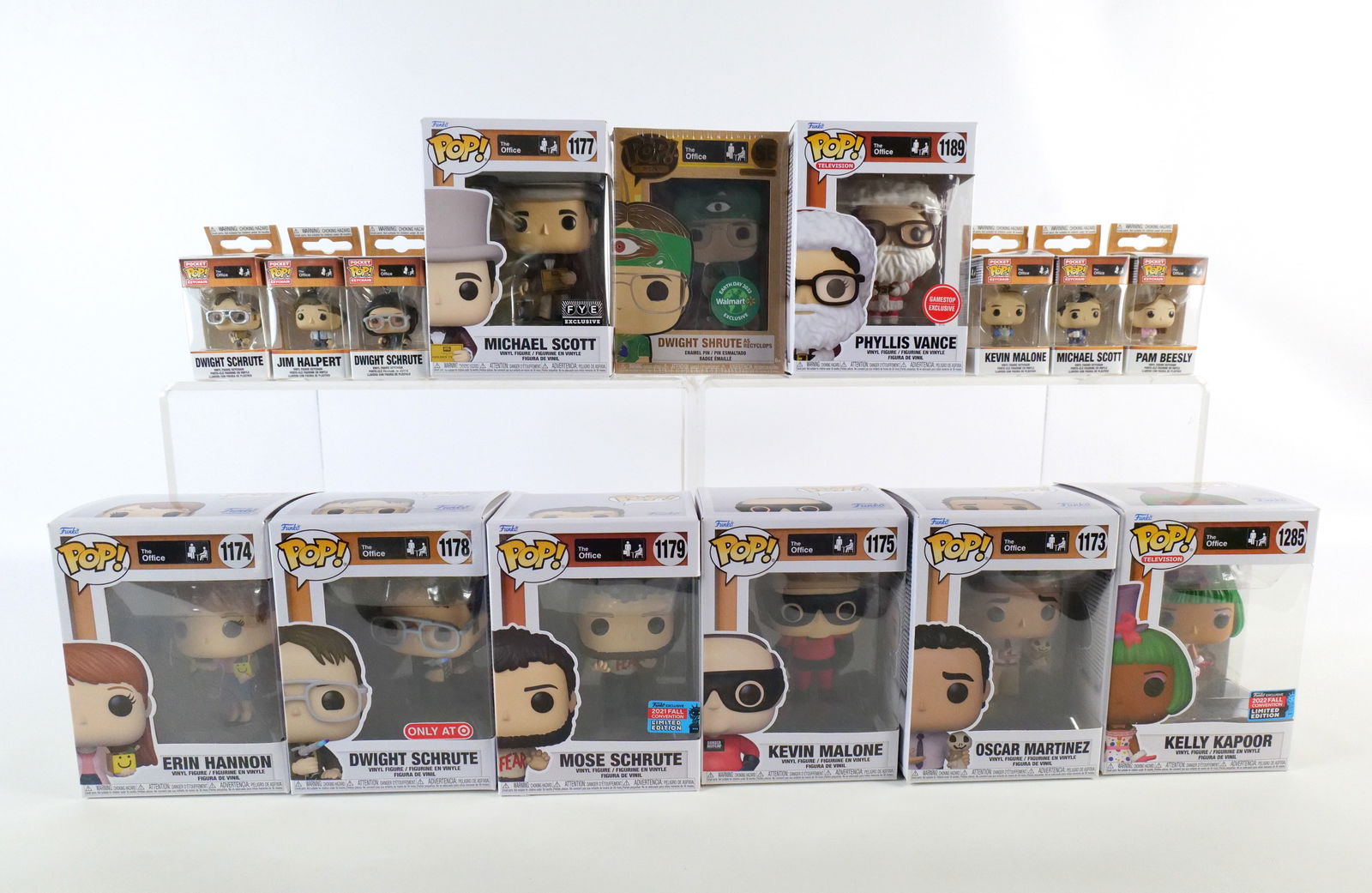 Lot of Funko The Office Collectibles: Lot of Funko The Office Collectibles. Including Pops: Oscar Martinez #1173, Erin Hannon #1174, Kevin Malone #1175, Michael Scott #1177 FYE Exclusive, Dwight Schrute #1178 Target Exclusive, Mose Schrut
