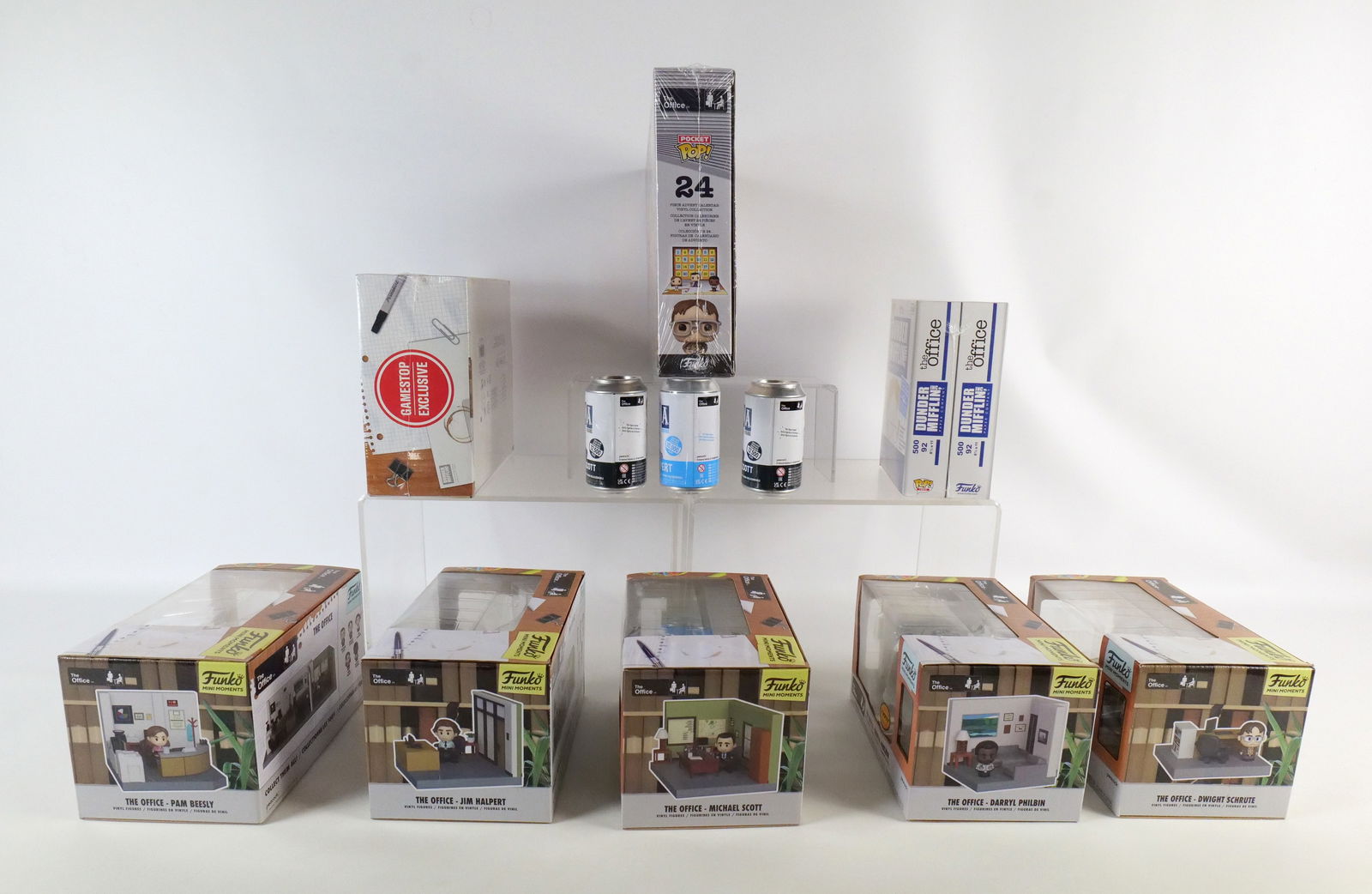 Lot of Funko The Office Collectibles: Lot of Funko The Office Collectibles. Including (5) Mini Moments Offices - Darryl Philbin, Dwight Schrute, Michael Scott, Pam Beesly, and Jim Halpert, Soda: (2) Michael Scott, Mystery Box, T-Shirt Siz
