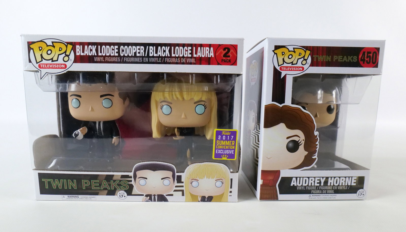Lot of 2 Funko Twin Peaks Pops: Lot of 2 Funko Twin Peaks Pops. Including Audrey Horne #450 and Black Lodge Cooper/Black Lodge Laura 2 Pack - Summer Convention Exclusive. All pops are in new condition and come in the original boxes.