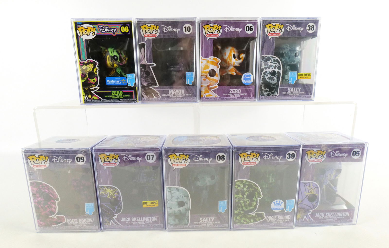 Lot of 9 Funko Disney Art Series Nightmare Before Christmas Pops: Lot of 9 Funko Disney Art Series Nightmare Before Christmas Pops. Including Jack Skellington #05, Zero #06 Walmart Exclusive and Funko Limited Edition, Jack Skellington #07 Hot Topic Exclusive, Sally