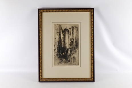 Etching by Hedley Fitton: Etching by Hedley Fitton (1859-1929). Entitled "The Advocates Close, Edinberg". Depicting a Scottish Street Scene. Signed in pencil lower right. Measures 31" tall x 23" wide. All invoices must be