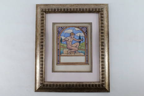 Original Pen and Ink Illustration: Original Pen and Ink Illustration. Depicting an Art Deco Nude Man Pulling a Bow in a Stained Glass Window. Artist signed lower right - Undetermined. Measures 18" tall x 15" wide. All invoices must be