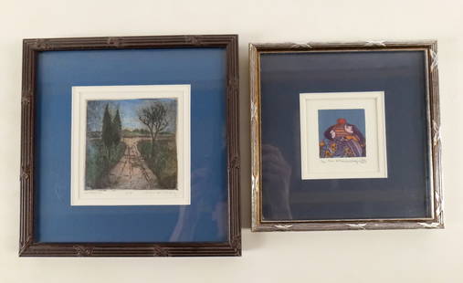 Lot of 2 Framed Etchings: Lot of 2 Framed Etchings. Including Portrait of a two headed man - Entitled "Two Attached" #1/100 - Dated 1987 - Artist Undetermined and Other depicts a nighttime sky with a division of a dirt road -