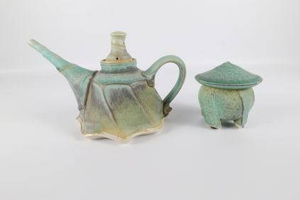 Artist Signed Studio Art Pottery Teapot and Jar Set