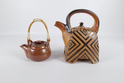 Lot of 2 Artist Signed Studio Art Pottery Teapots