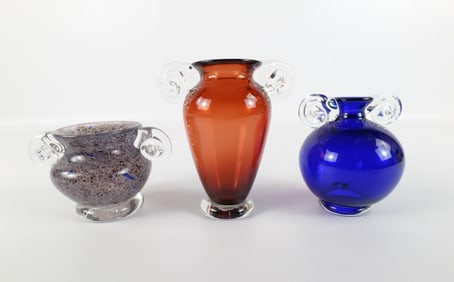 Lot of 3 David Traub Art Glass Double Handled Vases