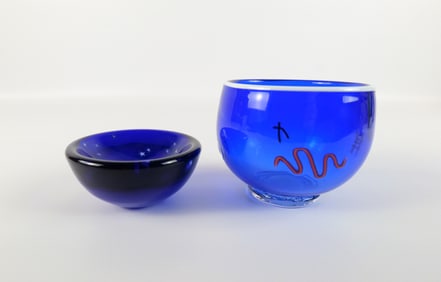Lot of 2 Studio Blue Art Glass Pieces