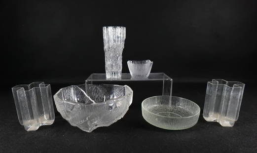 Lot of Mixed Crystal Ice Glass: Lot of Mixed Crystal Ice Glass. Including Jeanette Glass Finlandia Tree Bark Pattern Snack Dish, Littala Finland Bowl and Vase, Vintage Hoya Brutalist Bowl, and a Pair of Cross Vases - Unsigned. Talle