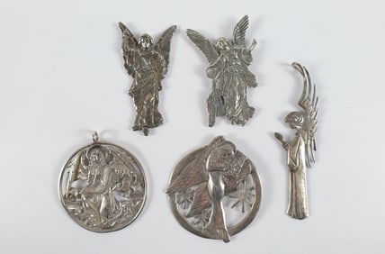 Lot of 5 Sterling Silver Hand & Hammer Silversmith's Christmas Ornaments