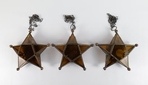 Lot of 3 Metal and Brown Star Hanging Candle Holders