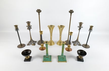 Lot of 7 Pairs of Brass and Mixed Metal Candlesticks