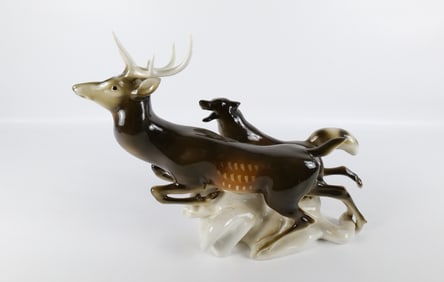 Royal Dux Porcelain Wolf Hunting Stag Figurine