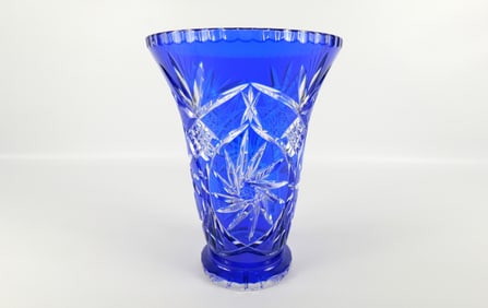 Cobalt Blue Cut to Clear Crystal Vase