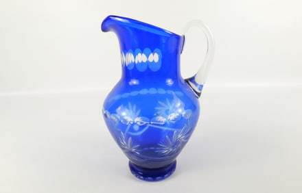 Cobalt Blue Cut to Clear Bohemian Glass Pitcher