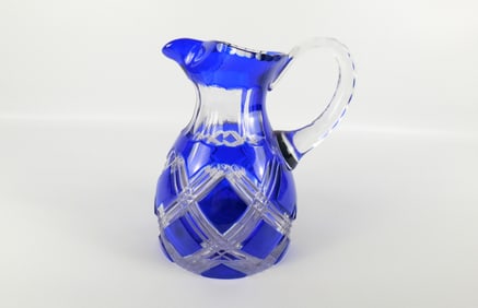 Cobalt Blue Bohemian Cut to Clear Crystal Pitcher