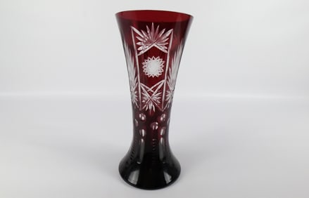 Ruby Bohemian Crystal Cut to Clear Tall Vase