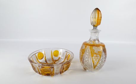 Lot of 2 Amber Cut to Clear Bohemian Crystal Pieces