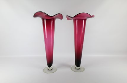 Pair of Monumental Cranberry Glass Trumpet Vases