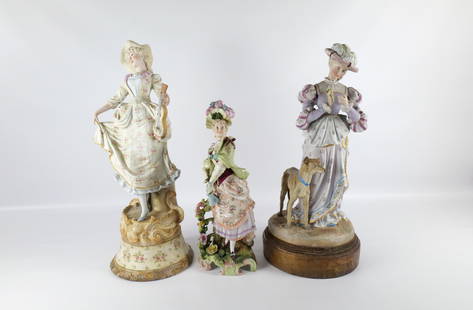 Lot of 3 AS-IS Bisque Figures: Lot of 3 AS-IS Bisque Figures Including two that were originally lamps but not anymore - Woman with Dog has flowers attached to her hand and dog has a missing piece of ear and the Other has been repai