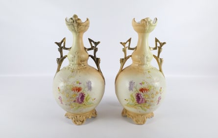 Pair of 19th Century Hand Painted Porcelain Royal Rudolstadt Double Handled Vases