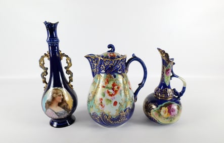 Lot of 3 Antique Cobalt Blue Porcelain Pieces