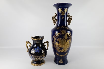 Lot of 2 Double Handled Cobalt Blue Vases