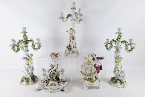 Lot of 5 Figural Porcelain Pieces: Lot of 5 Figural Porcelain Pieces. All AS-IS. Including Figurine that used to be a lamp - Missing hand, broken lace, loss to dress and chips to flowers, Pair of Meissen Style Candelabras - Custom Repa