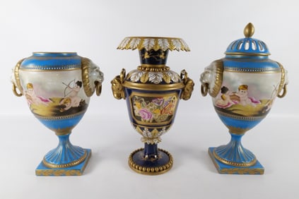 Lot of 3 Late 20th Century Hand Painted Limoges Style Urns