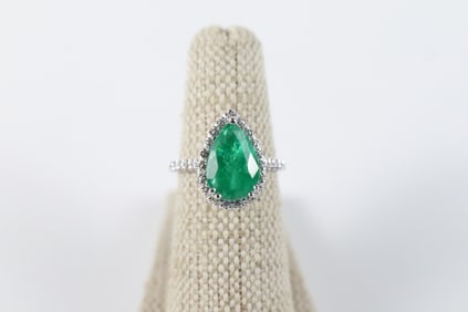 14K White Gold Emerald and Diamond Ring