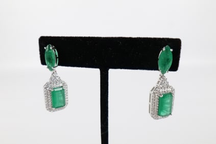 Platinum Emerald Beryl and Diamond Earrings