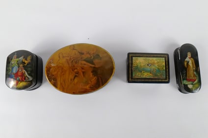 Lot of 4 Russian Black Lacquer Dresser Boxes