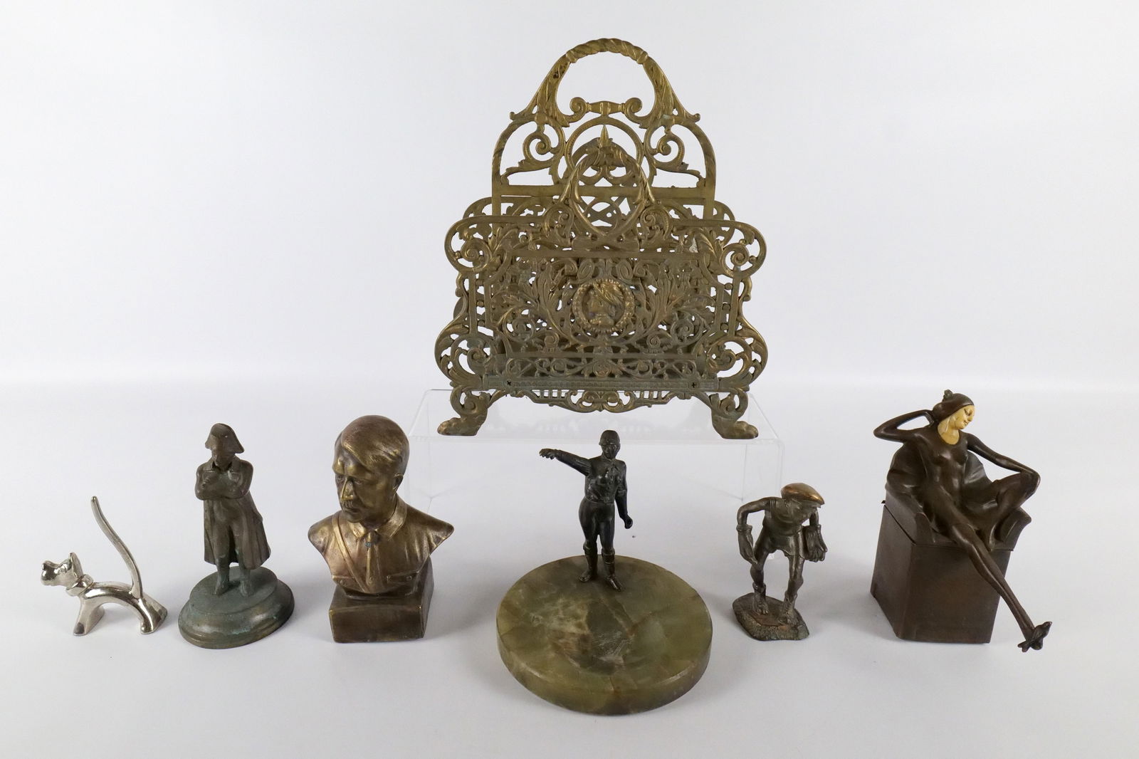 Group Lot of Metal Decorative Items: Group Lot of Metal Decorative Items. Including Brass Letter Holder, Marble and Metal Jockey Ashtray - Missing something from his hand and ashtray has been cracked and reglued, Bronze Tone Napoleon - T